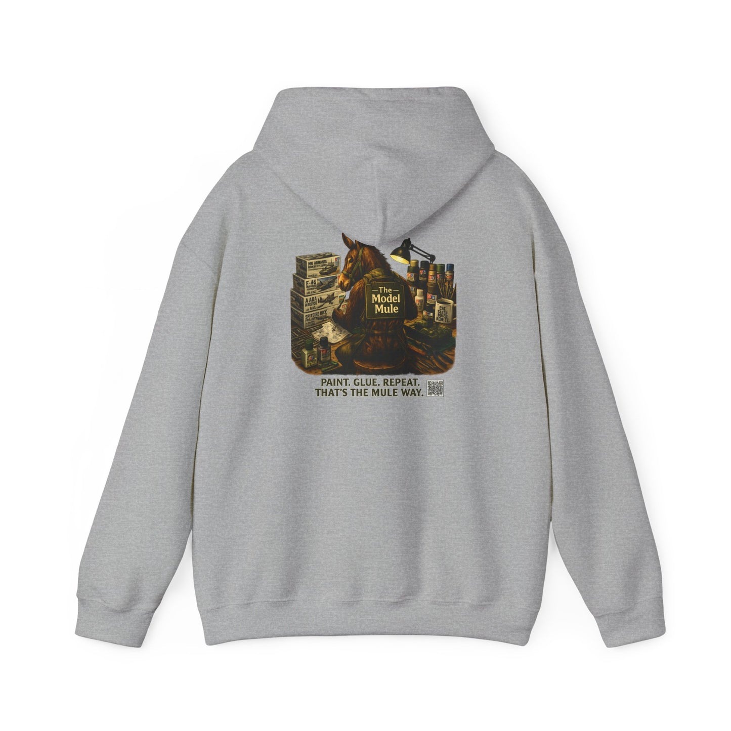 Model Mule Hobbyist Hoodie — 'Paint. Glue. Repeat.' Scale Model Builder Sweatshirt