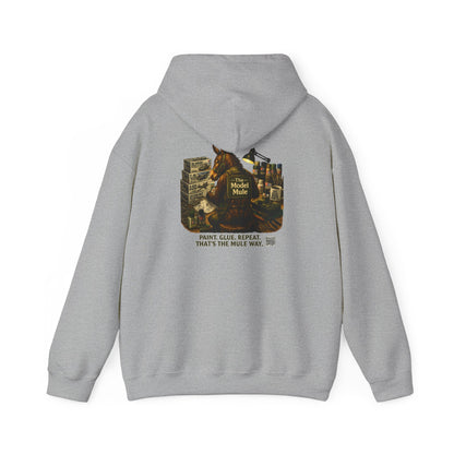 Model Mule Hobbyist Hoodie — 'Paint. Glue. Repeat.' Scale Model Builder Sweatshirt