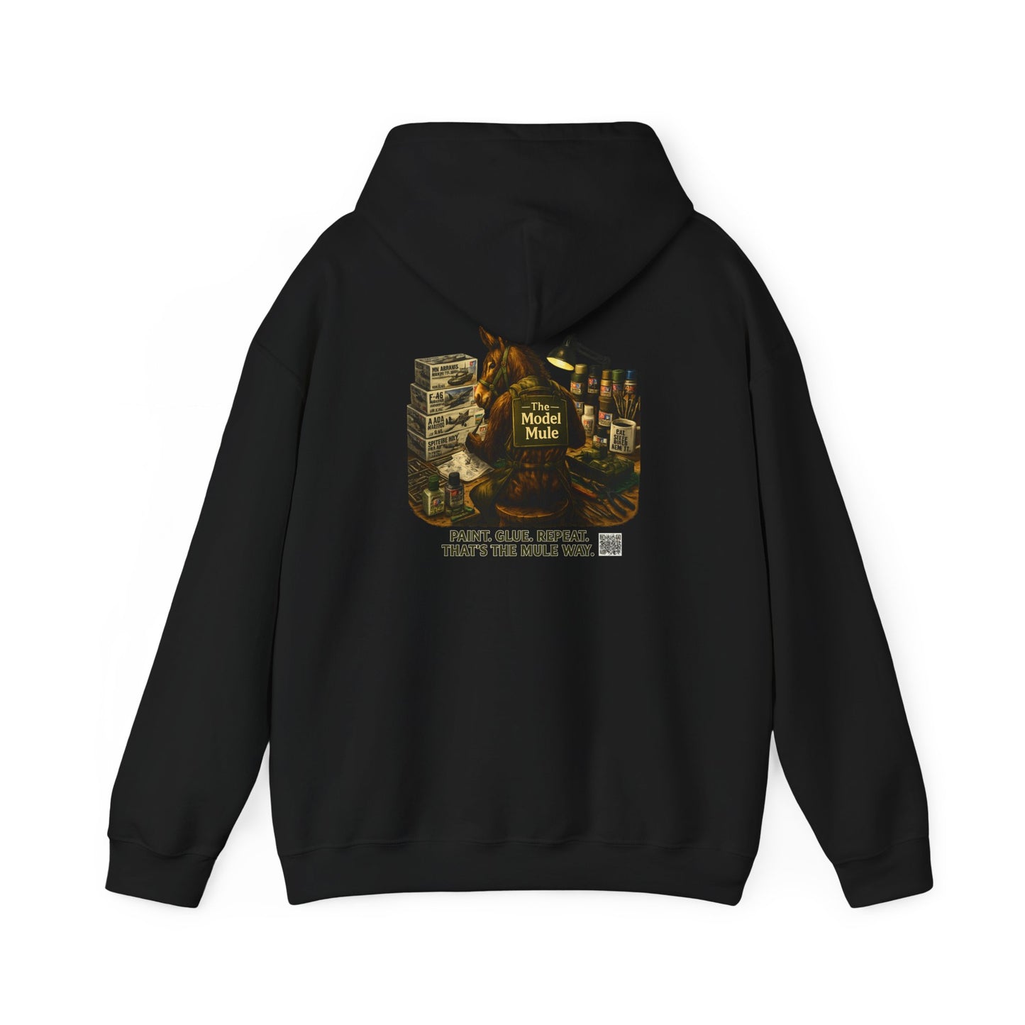 Model Mule Hobbyist Hoodie — 'Paint. Glue. Repeat.' Scale Model Builder Sweatshirt