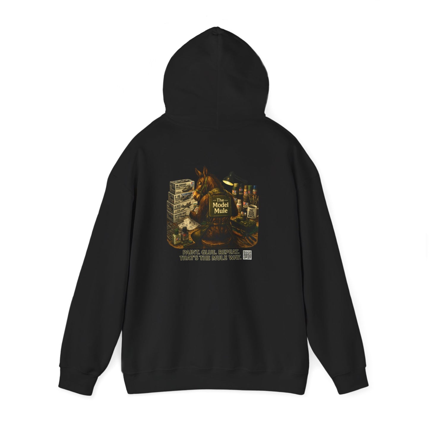 Model Mule Hobbyist Hoodie — 'Paint. Glue. Repeat.' Scale Model Builder Sweatshirt