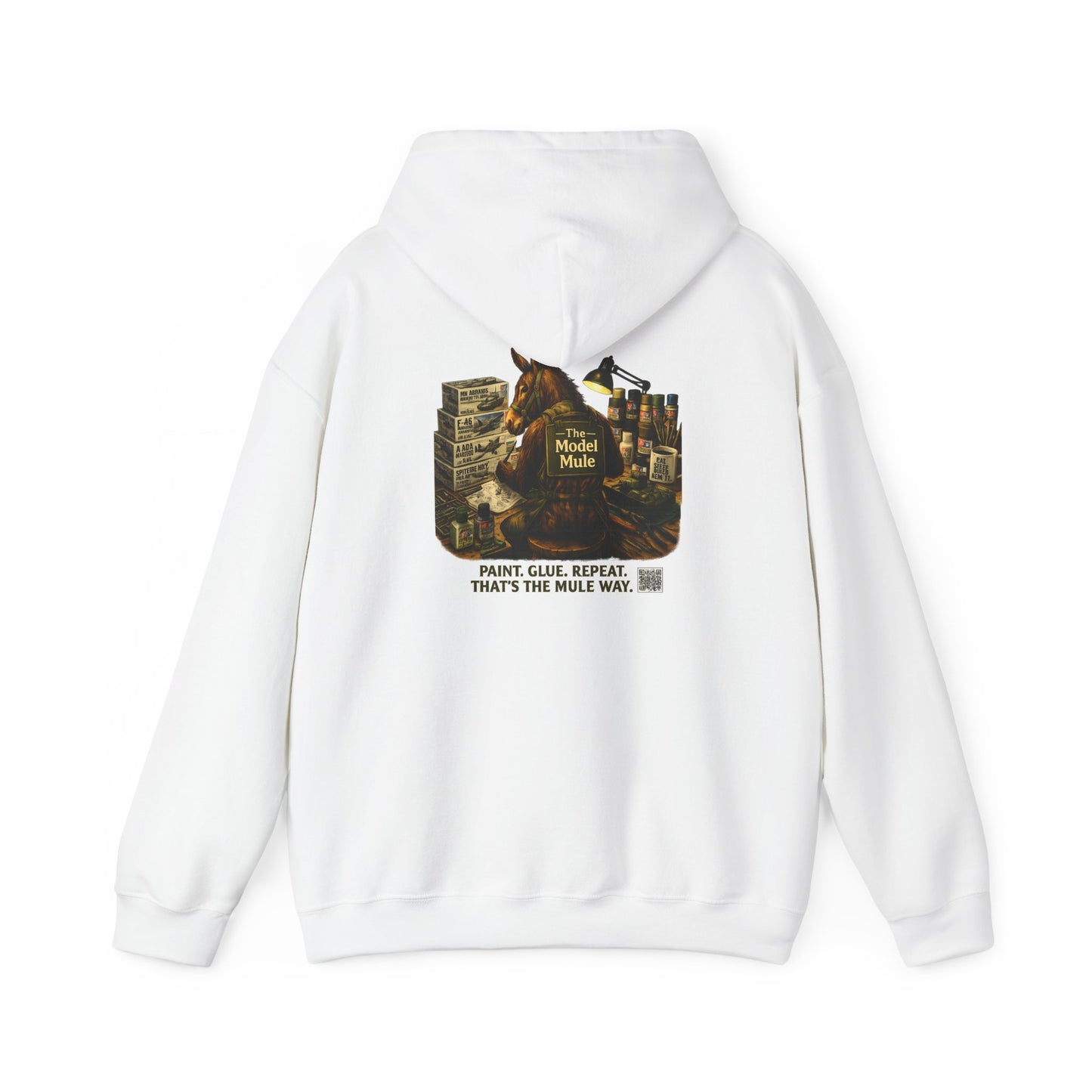 Model Mule Hobbyist Hoodie — 'Paint. Glue. Repeat.' Scale Model Builder Sweatshirt