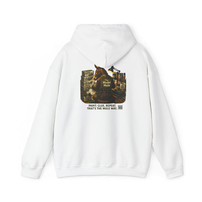 Model Mule Hobbyist Hoodie — 'Paint. Glue. Repeat.' Scale Model Builder Sweatshirt