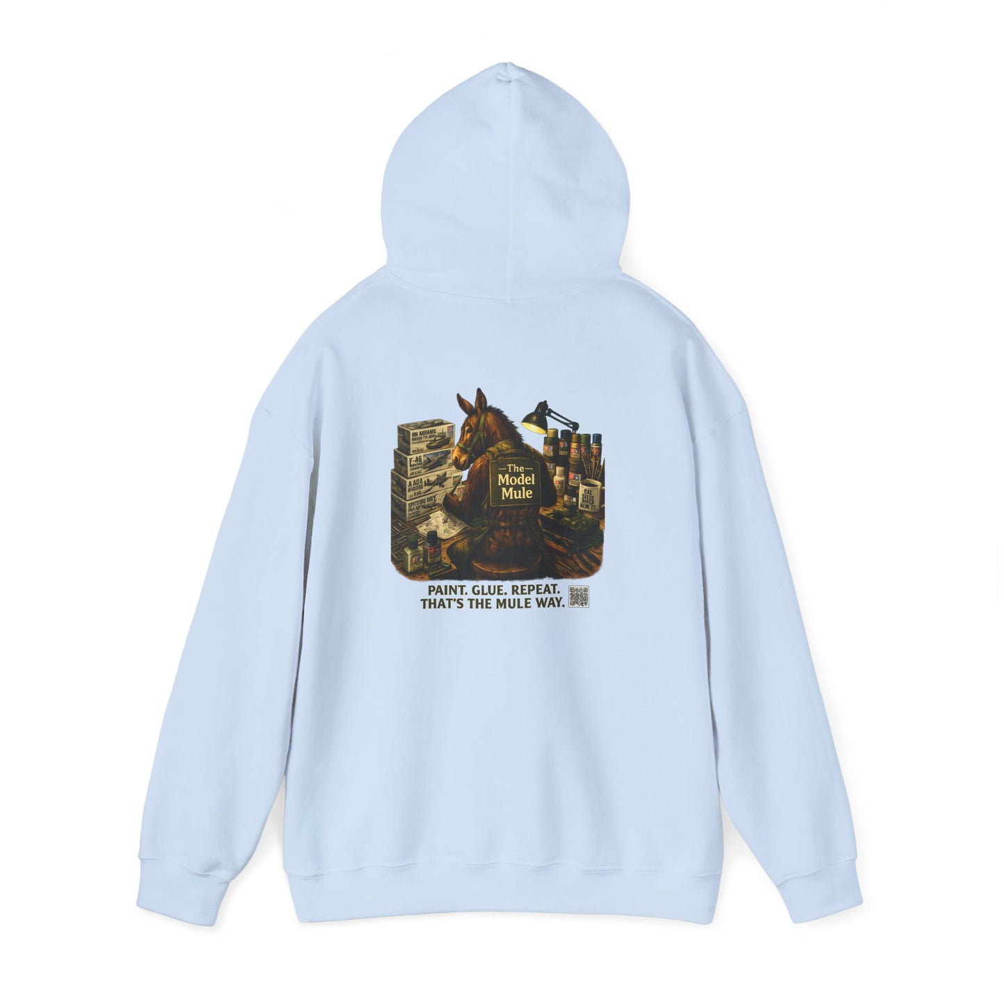 Model Mule Hobbyist Hoodie — 'Paint. Glue. Repeat.' Scale Model Builder Sweatshirt
