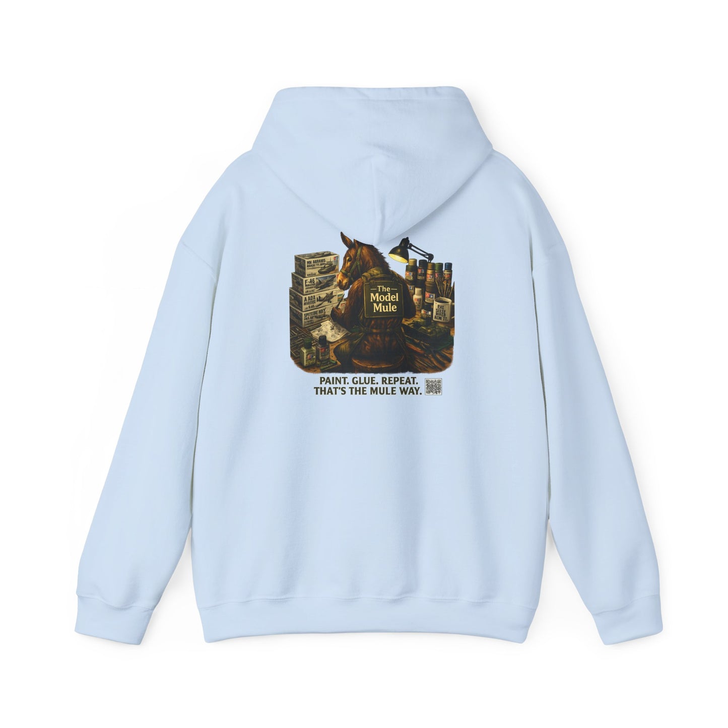 Model Mule Hobbyist Hoodie — 'Paint. Glue. Repeat.' Scale Model Builder Sweatshirt