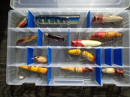 Lot of 12, Vintage Wooden Fishing Lures with Case Southbend
