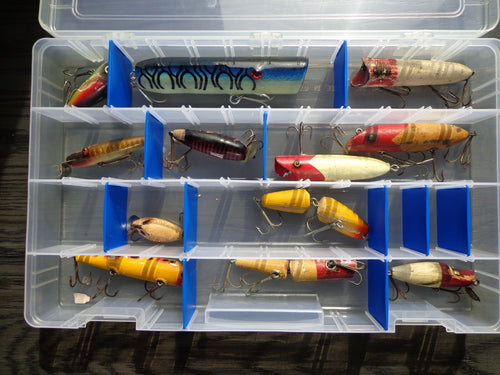 Lot of 12, Vintage Wooden Fishing Lures with Case Southbend