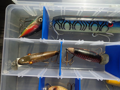 Lot of 12, Vintage Wooden Fishing Lures with Case Southbend