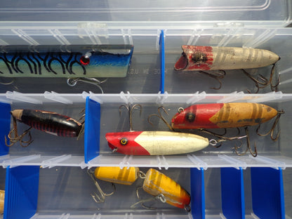 Lot of 12, Vintage Wooden Fishing Lures with Case Southbend