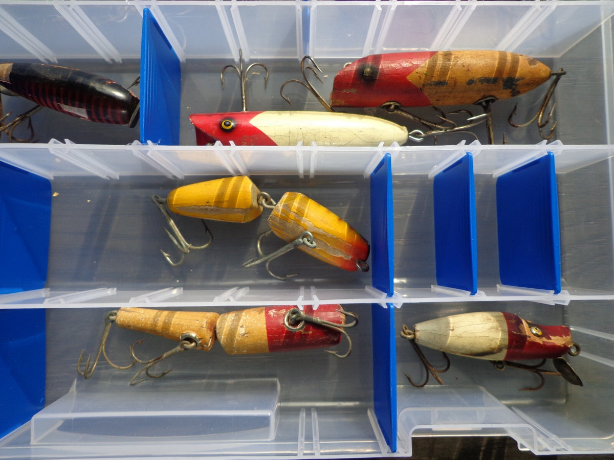 Lot of 12, Vintage Wooden Fishing Lures with Case Southbend