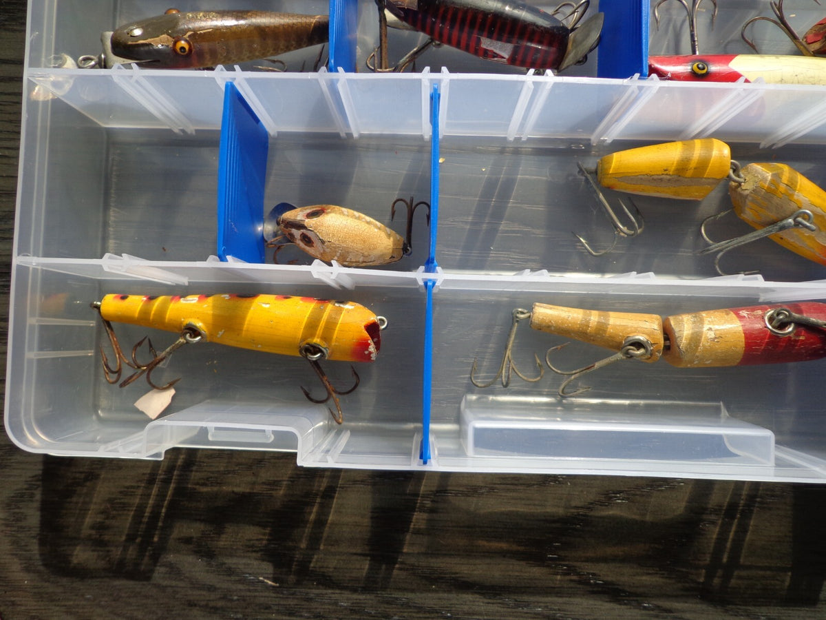 Lot of 12, Vintage Wooden Fishing Lures with Case Southbend