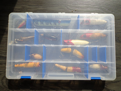 Lot of 12, Vintage Wooden Fishing Lures with Case Southbend