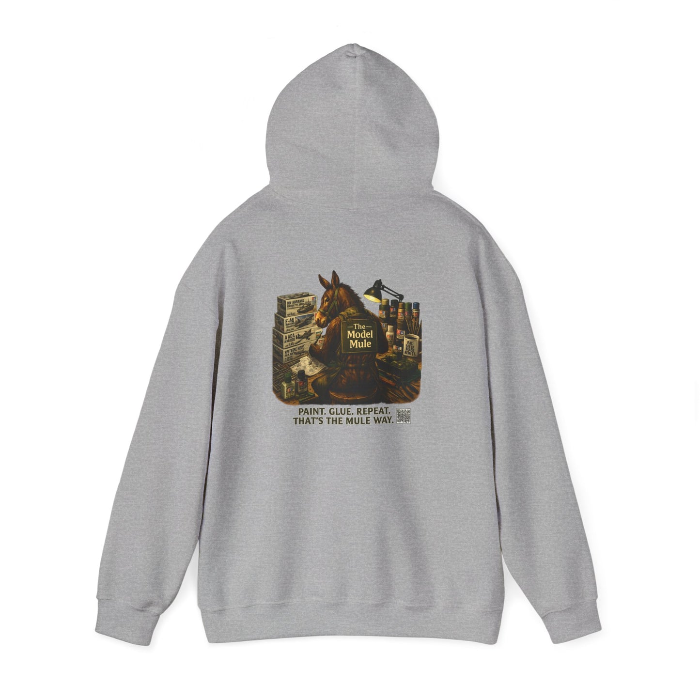 Model Mule Hobbyist Hoodie — 'Paint. Glue. Repeat.' Scale Model Builder Sweatshirt